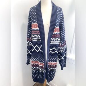MODCLOTH Navy and Red Patterned Women's Long Cardigan Sweater - Size 2X - EUC